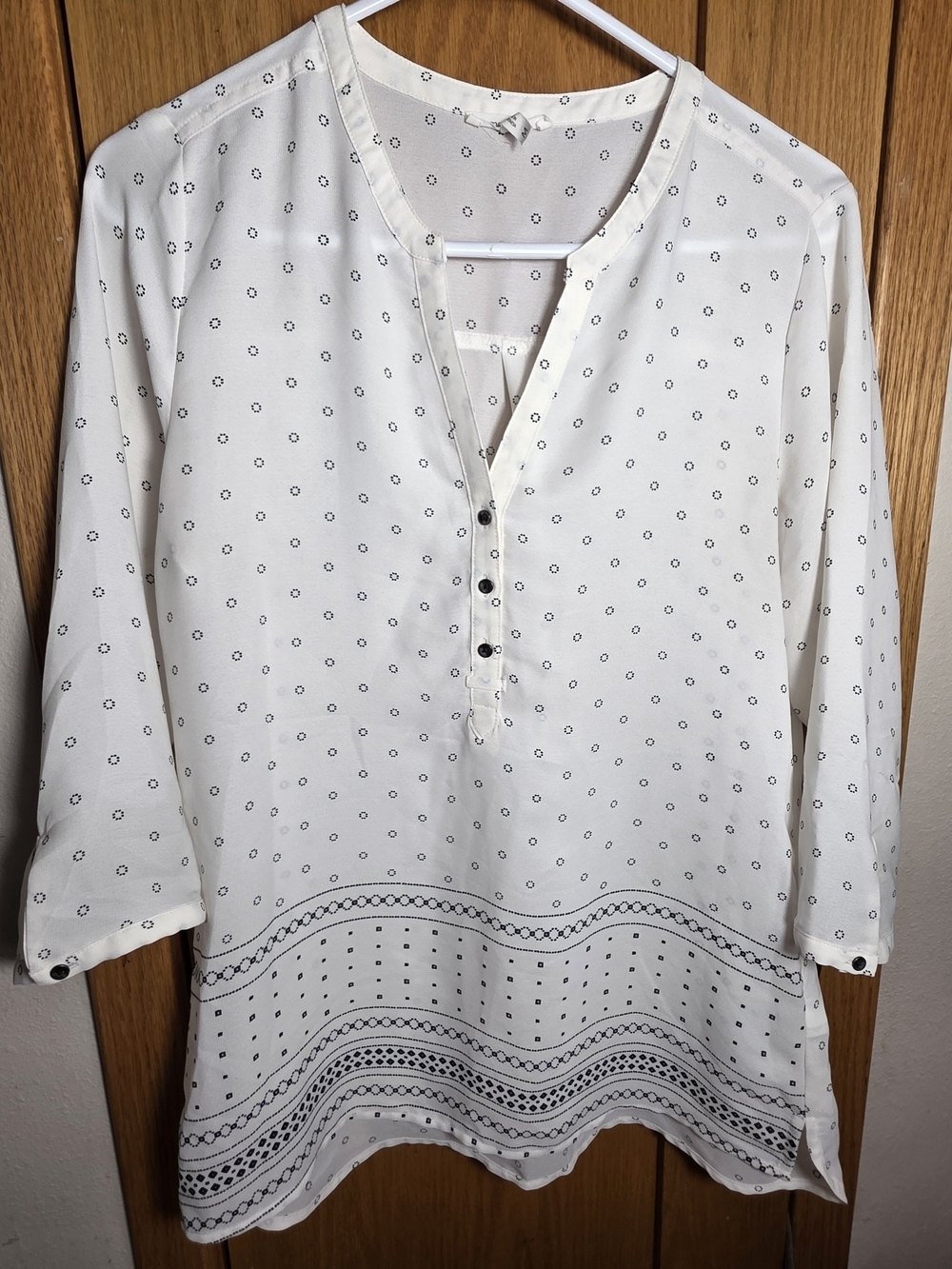 Maurices Cream Long Sleeve Henley Tunic with Black Dot and Border Print Medium